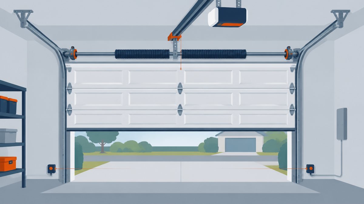 Flat illustration of the inside of a garage with a sectional door raised just above the floor, a torsion spring on a bar above it, an opener on the ceiling and a small sensor box on each side near the floor