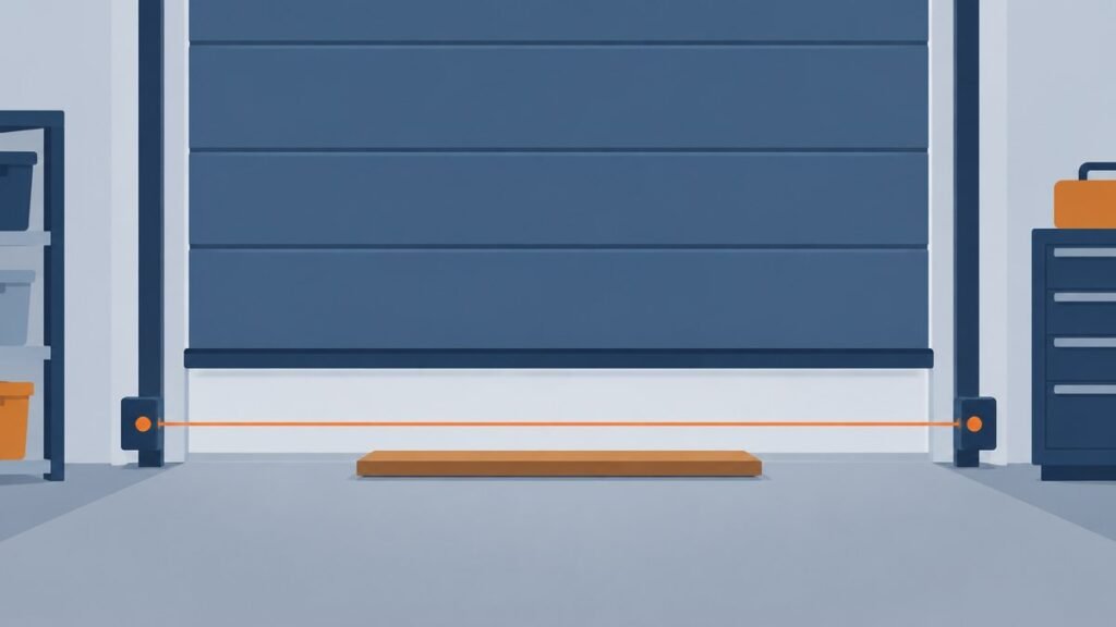 Flat illustration of the inside of a garage opening with a small sensor box on each side near the floor, a thin beam between them and a plank lying flat on the floor under a closing door