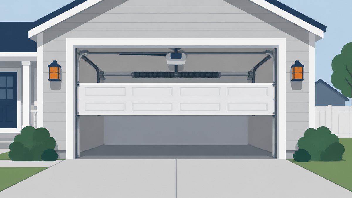 Illustration of a house with a sectional garage door half open, showing the side tracks, the torsion spring above the door and a ceiling opener